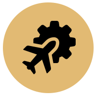 Graphic of gold circle with black airplane and gear